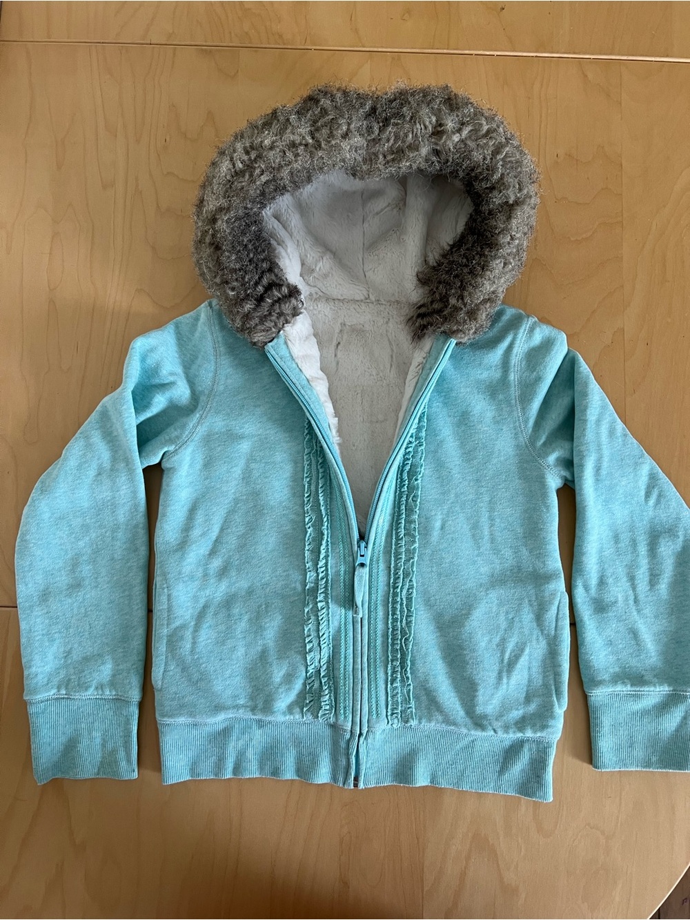 Girls Light Aqua Hooded Zip-Up Jacket lined with Faux Fur Trim